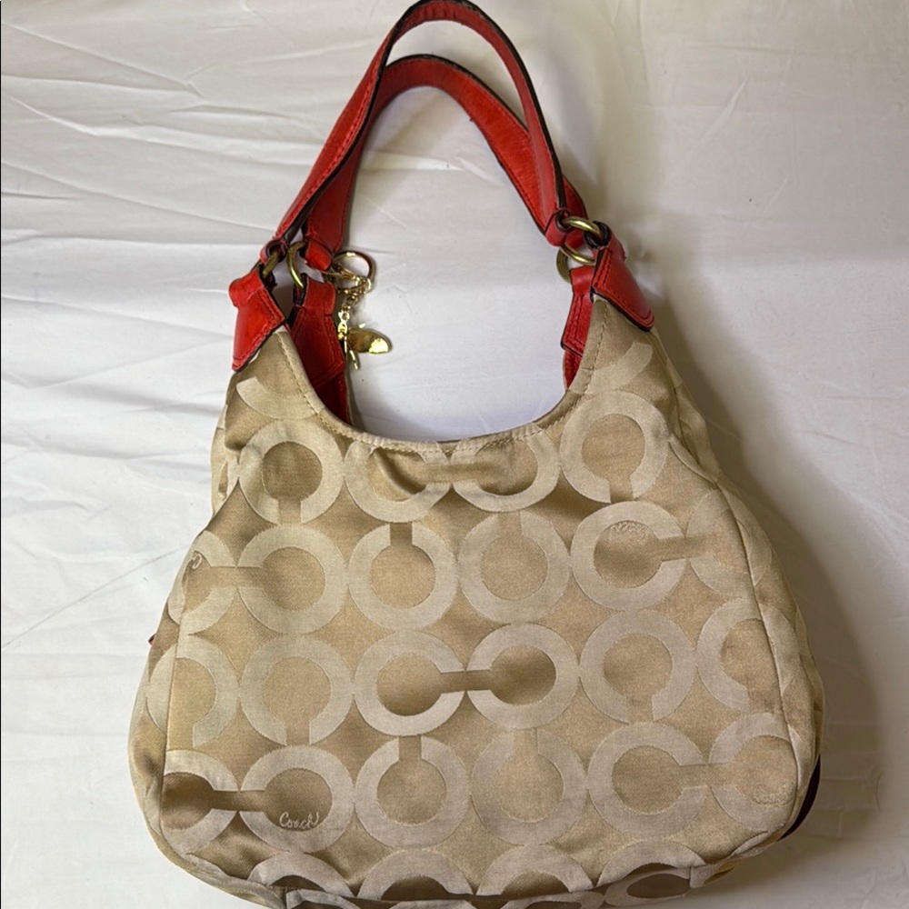 Coach Tan and Orange Signature Monogram Bag featuring Carriage logo on front. - Picture 6 of 16